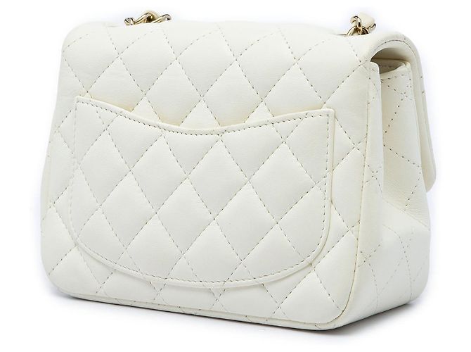 Bolsa Tiracolo Chanel Mini Square Classic em pele de cordeiro branca com aba simples Branco - vista 2
