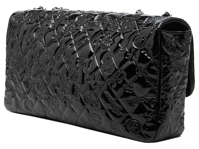 Borsa a tracolla Chanel Jumbo in vernice nera con simboli portafortuna embossed Nero - vista 2