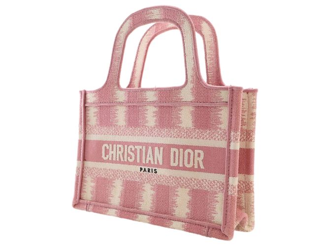 Bolso de mano Dior Book Tote Mini de lona bordada a rayas rosa - vista 8