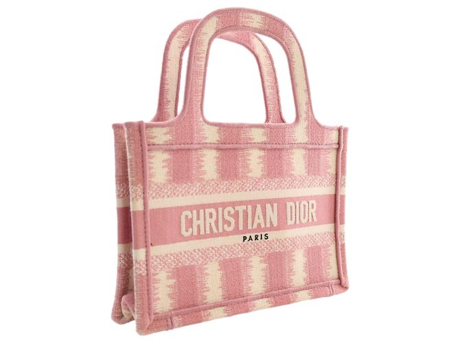 Bolso de mano Dior Book Tote Mini de lona bordada a rayas rosa - vista 9