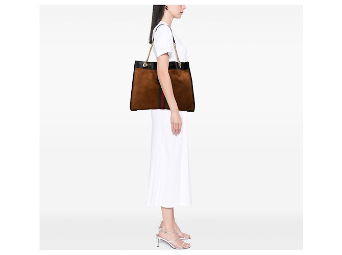 Borsa Tote Gucci Rajah Grande in Suede Marrone con Web - vista 6