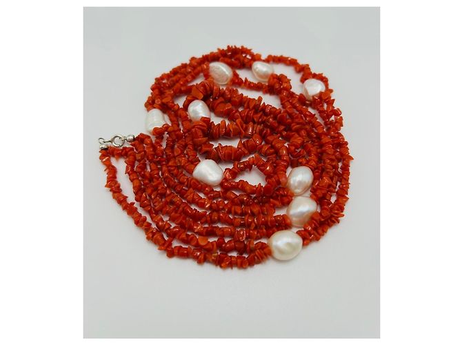 Autre Marque Collana lunga in Corallo Rosso naturale e perle Barocche Bianco - vista 4