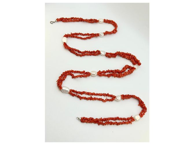 Autre Marque Collana lunga in Corallo Rosso naturale e perle Barocche Bianco - vista 7