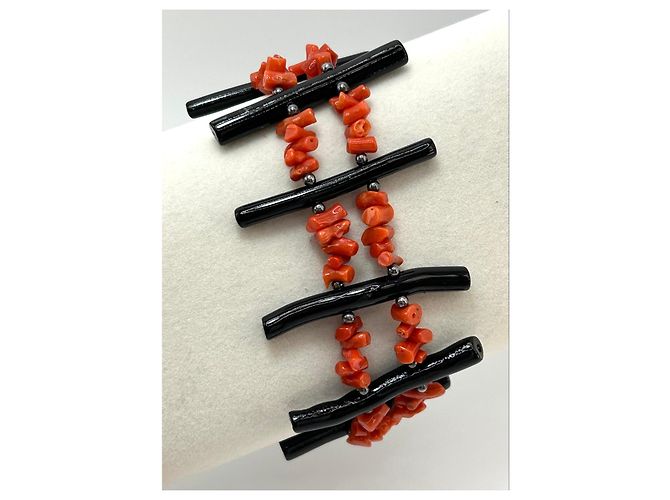 Autre Marque Bracciale in Corallo Rosso e Nero Naturale e Argento S925 - vista 10