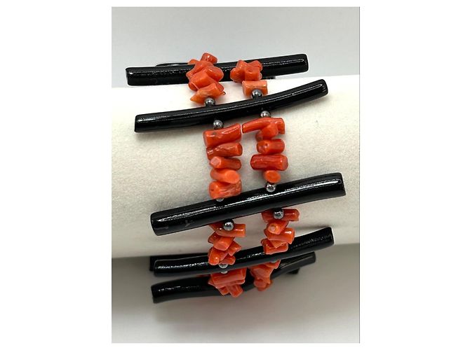 Autre Marque Bracciale in Corallo Rosso e Nero Naturale e Argento S925 - vista 11