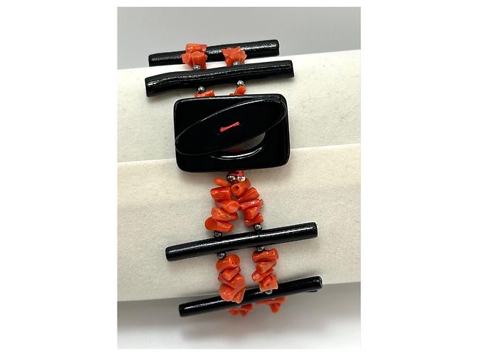 Autre Marque Bracciale in Corallo Rosso e Nero Naturale e Argento S925 - vista 12