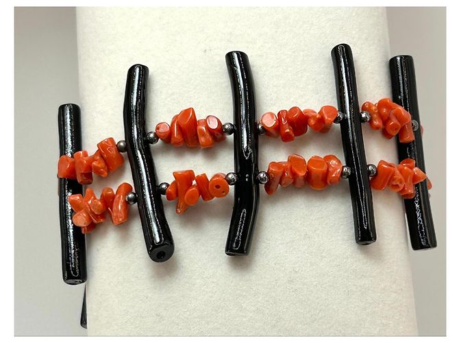 Autre Marque Bracciale in Corallo Rosso e Nero Naturale e Argento S925 - vista 14