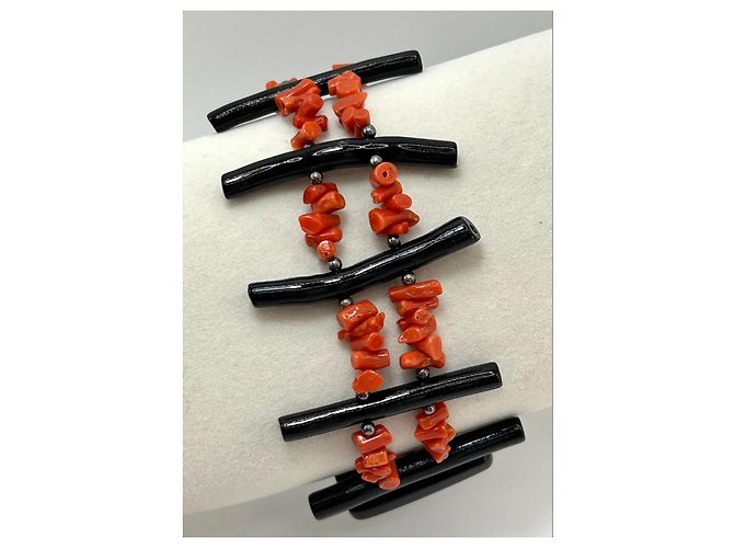Autre Marque Bracciale in Corallo Rosso e Nero Naturale e Argento S925 - vista 15