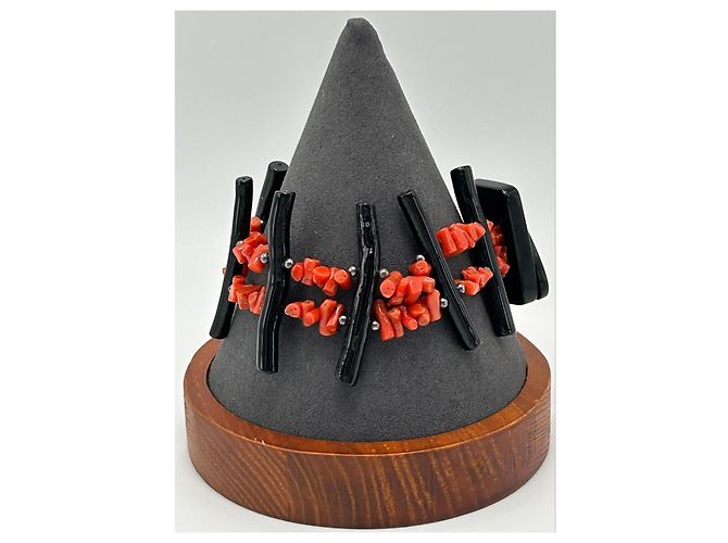 Autre Marque Bracciale in Corallo Rosso e Nero Naturale e Argento S925 - vista 5