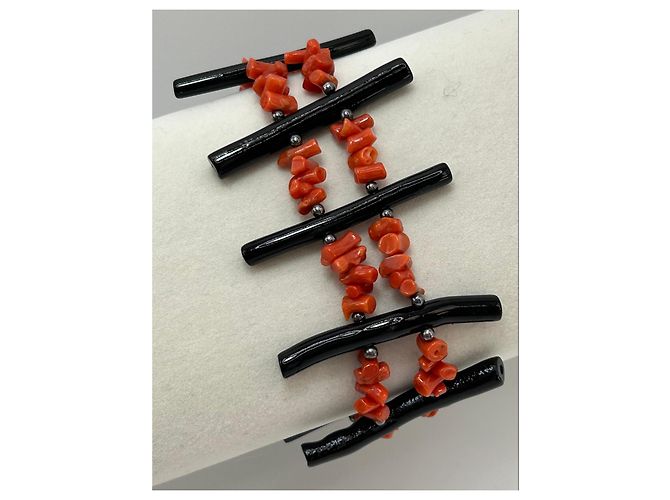 Autre Marque Bracciale in Corallo Rosso e Nero Naturale e Argento S925 - vista 8