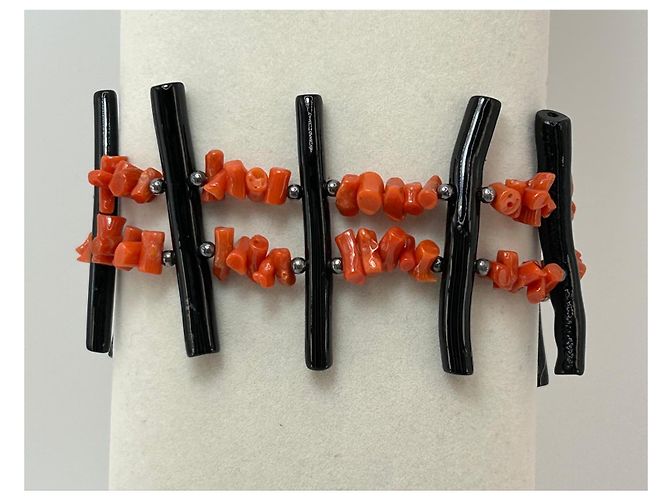 Autre Marque Bracciale in Corallo Rosso e Nero Naturale e Argento S925 - vista 9