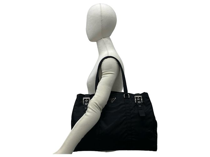 Borsa Tote Prada in nylon Tessuto Pocono e pelle con logo triangolare Nero - vista 2