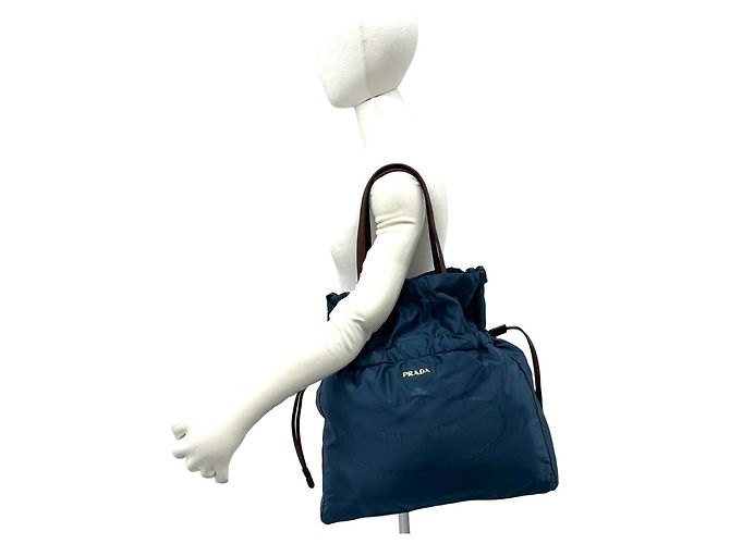 Borsa Tote in nylon Tessuto Pocono e pelle con coulisse e logo Prada Marrone Blu - vista 2
