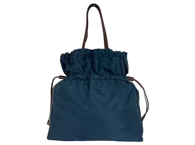 Borsa Tote in nylon Tessuto Pocono e pelle con coulisse e logo Prada Marrone Blu - vista 3
