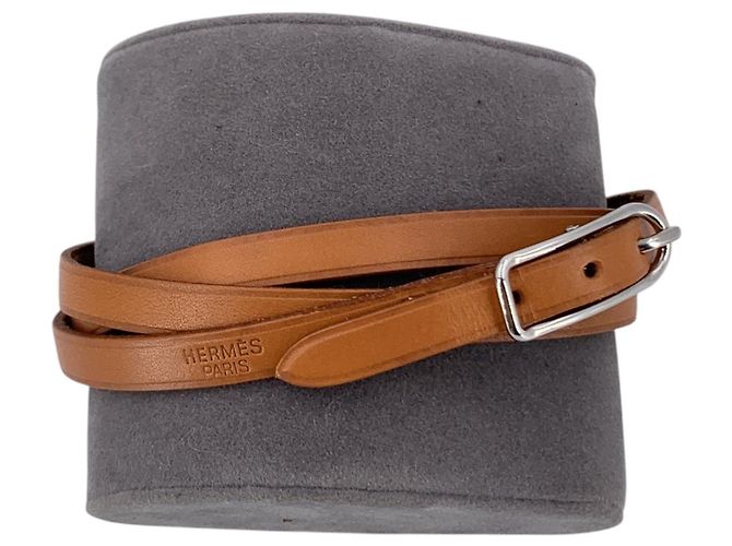Hermès Bracciale Hermes Hapi Triple Tour in pelle Tan M Brown/Silver Leather Beige - vista 2