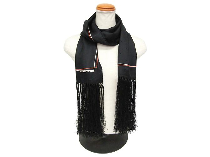 Hermès Écharpe longue à franges perforées Hermes Noir Orange - vue 11