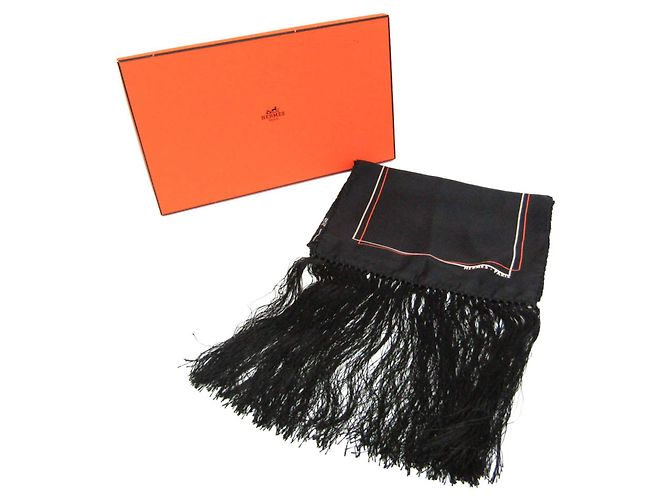 Hermès Écharpe longue à franges perforées Hermes Noir Orange - vue 2