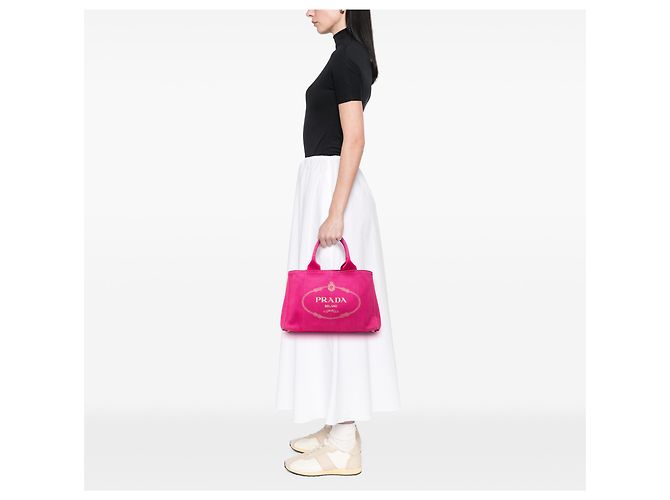 Tote Sacola Prada em lona Canapa rosa com logo - vista 6