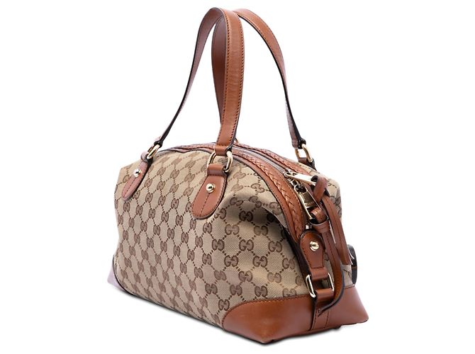 Borsa Satchel Gucci Brick Lane in tela GG beige - vista 2