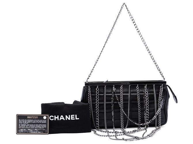 Chanel Black Chocolate Bar Frame Clutch aus Lammleder mit Multi-Ketten Schwarz - Ansicht 7