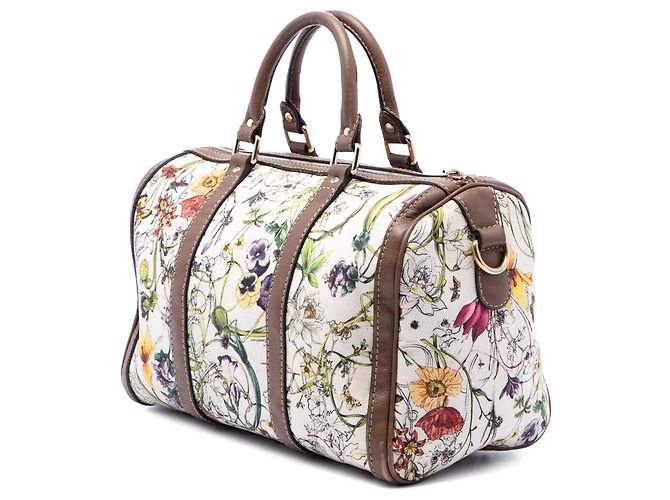 Borsa Boston Gucci Flora Joy Medium in canvas bianco - vista 2