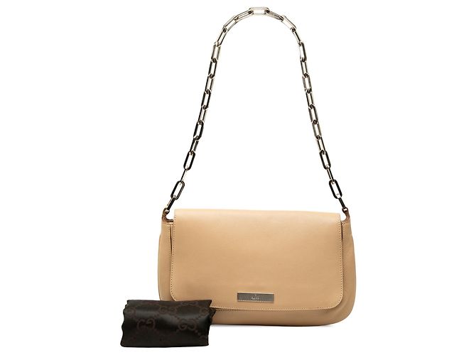Borsa a tracolla con catena Gucci in vitello beige - vista 7