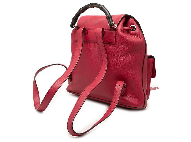 Bamboo Zaino Gucci rosso grande in pelle di vitello con nappina in bambù e coulisse - vista 2