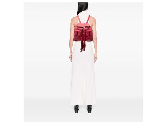 Bamboo Zaino Gucci rosso grande in pelle di vitello con nappina in bambù e coulisse - vista 6