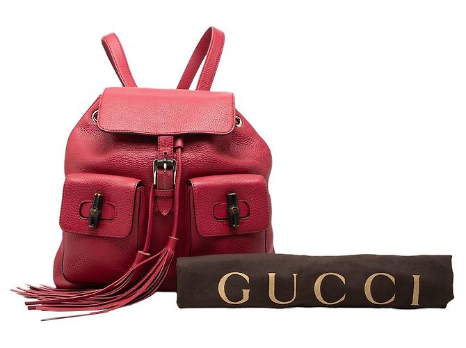 Bamboo Zaino Gucci rosso grande in pelle di vitello con nappina in bambù e coulisse - vista 7