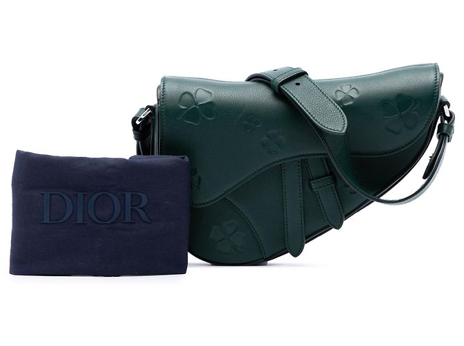 Autre Marque Borsa a tracolla Saddle Dior in pelle di vitello liscia goffrata verde con trifoglio Verde scuro - vista 7