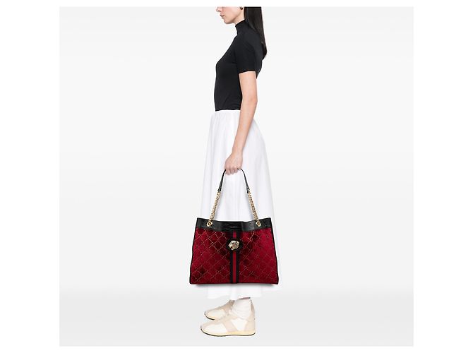Gucci Rajah Große Tote aus rotem Samt mit GG Web-Streifen Bordeaux - Ansicht 6