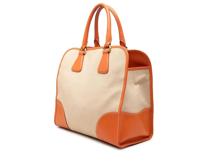 Bolsa Prada em lona Canapa com logo e acabamento em couro Saffiano bege - vista 2