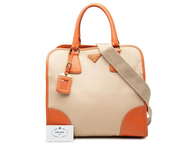 Bolsa Prada em lona Canapa com logo e acabamento em couro Saffiano bege - vista 7