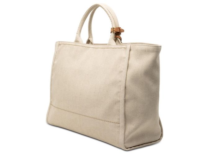 Prada Triangle Logo Plate Tote Bag Beige Cream - view 2