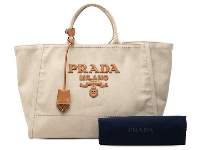 Prada Triangle Logo Plate Tote Bag Beige Cream - view 6