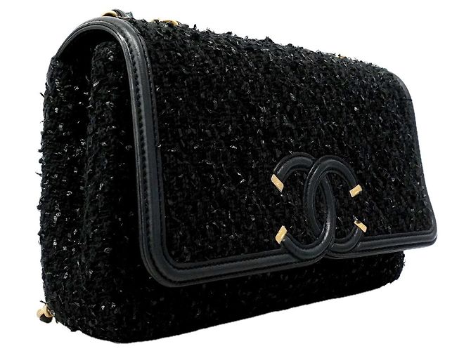 Timeless Bolsa de ombro Chanel em tweed preto - vista 2
