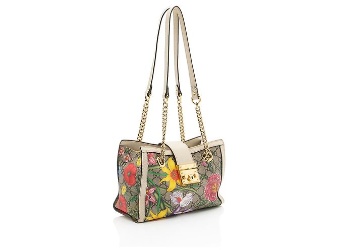 Bolso Tote Small Gucci GG Supreme Flora Padlock Castaño Beige - vista 2