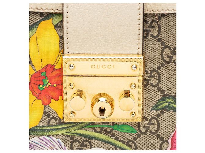 Bolso Tote Small Gucci GG Supreme Flora Padlock Castaño Beige - vista 9