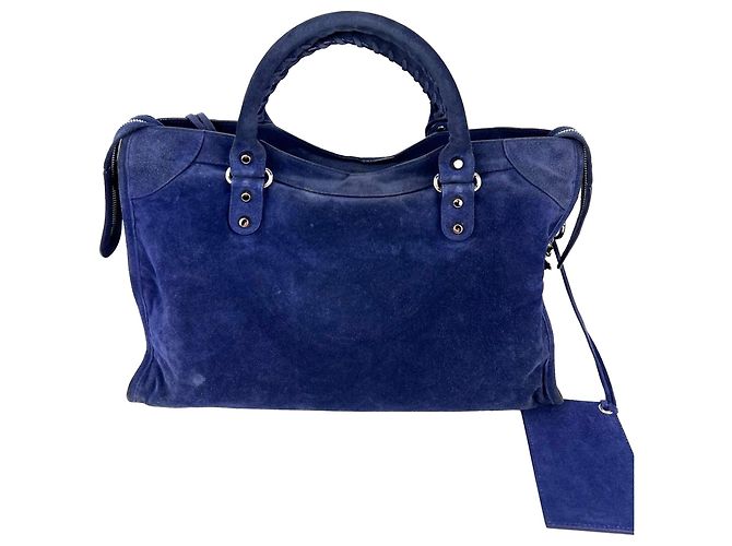 Borsa a tracolla Balenciaga City Medium in camoscio blu - vista 2