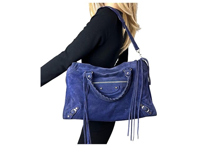 Borsa a tracolla Balenciaga City Medium in camoscio blu - vista 3