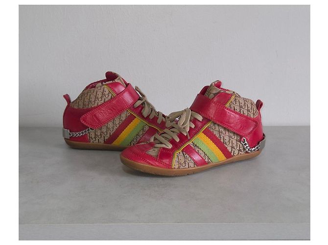 Christian Dior Sneaker alte Dior Monogram in pelle rossa e tela Rosso Beige - vista 3