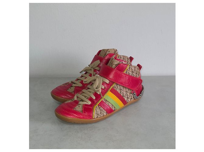 Christian Dior Sneaker alte Dior Monogram in pelle rossa e tela Rosso Beige - vista 5