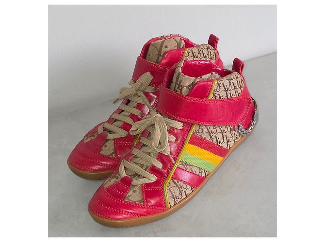 Christian Dior Sneaker alte Dior Monogram in pelle rossa e tela Rosso Beige - vista 8
