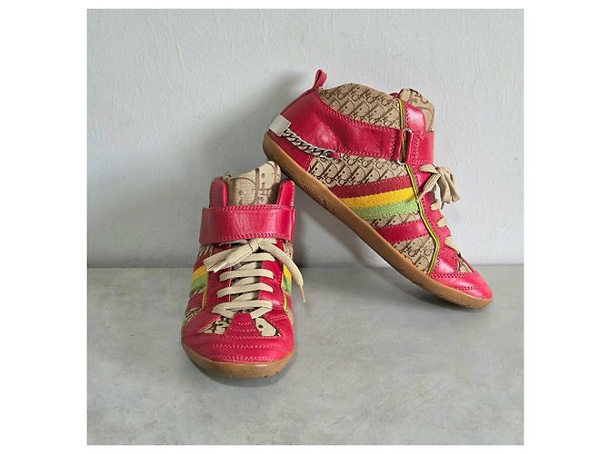 Christian Dior Sneaker alte Dior Monogram in pelle rossa e tela Rosso Beige - vista 9