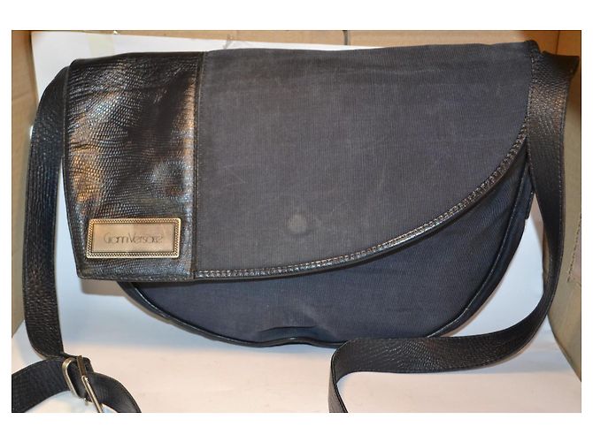 Bolsa de ombro Gianni Versace em tecido e pele de lagarto Preto Azul escuro - vista 2