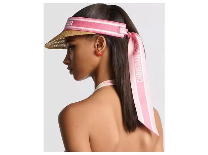 Christian Dior Stroh-Visier mit rosa Band und Schal Pink Weiß - Ansicht 8