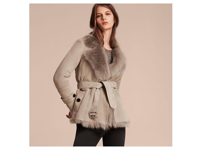 Burberry Shearling und Lammleder Jacke mit Gürtel Grau - Ansicht 3