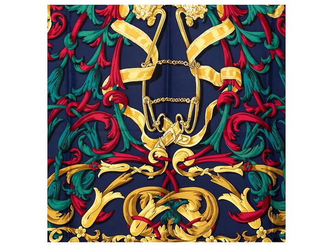 Hermès Foulard Hermes Carre 90 LE MORS A LA CONETABLE Multicolore Blu navy - vista 2
