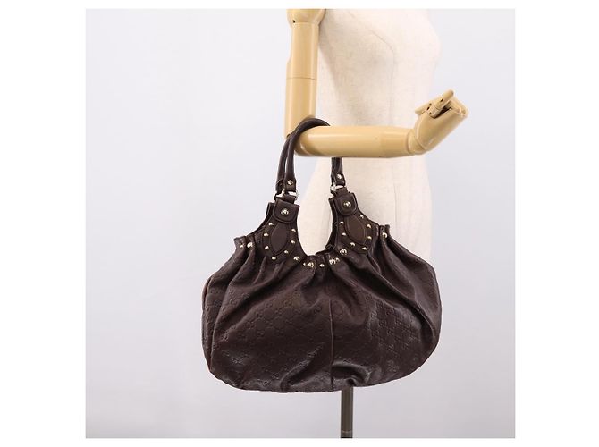 Sac à main GUCCI GG Canvas Guccissima en cuir marron foncé et doré 203624 Auth am12743V - vue 21