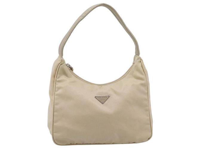 Bolsa de mão pochette PRADA Nylon Beige Silver Auth 206468A Prata Bege - vista 13